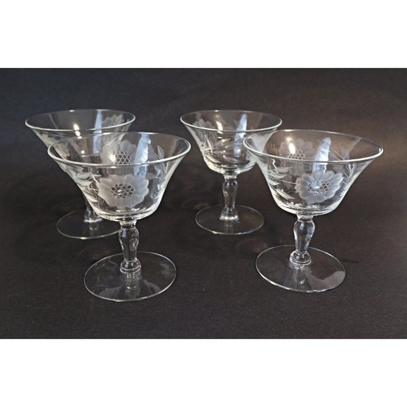 4 Vintage Cornflower Footed Etched Tumblers Wine Glasses Barware - Picture 1 of 4